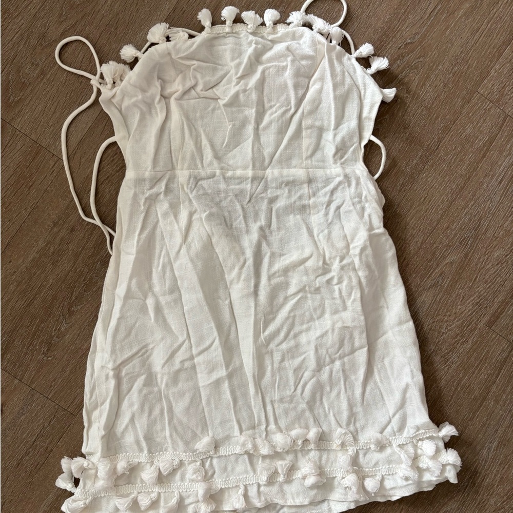 PrincessPolly White Tassel Fringe Fiorella Linen Mini Dress